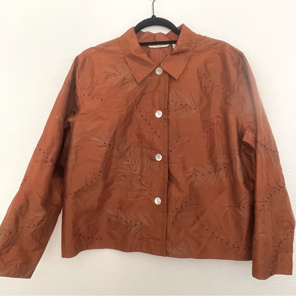 French Laundry Petite XL NWT 100% Silk Embroidered Button Up Blouse Saddlebrown